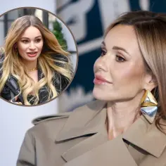 Ewelina Lisowska w dwóch odsłonach. W okrągłym kadrze w czarnej kurtce, a obok zbliżenie na jej twarz z charakterystycznymi kolczykami.