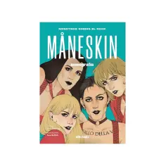 Okładka monografii o zespole Måneskin, przedstawiająca ilustracje członków zespołu. Idealna dla fanów, którzy chcą poznać historię i twórczość Måneskin, w tym ich najlepsze utwory.
