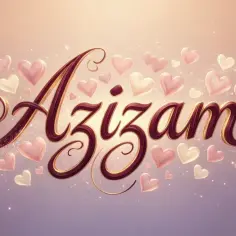 Złocisty napis "Azizam" otoczony pastelowymi serduszkami, unoszący się w świetlistej poświacie.