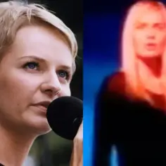 Kasia Stankiewicz śpiewa "Orła cień". Po lewej zbliżenie na twarz, po prawej rozmyta sylwetka.