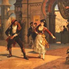 Scena z opery Carmen, której kompozytor stworzył niezapomniane melodie. Tancerka i torreador w barwnych strojach, w tle arena.