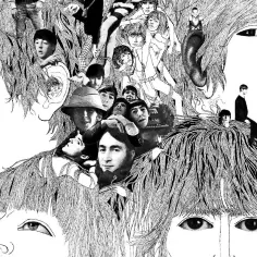 Kolaż twarzy i postaci z okładki albumu The Beatles. Słynne piosenki zespołu ożywają na tej surrealistycznej grafice.