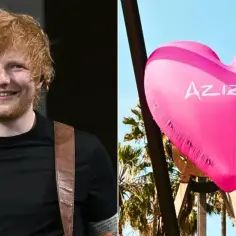 Ed Sheeran, znany z wielu hitów i albumów, uśmiecha się obok różowego balonu w kształcie serca z napisem "AZIZAM".