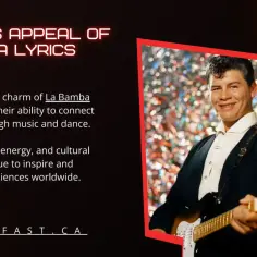 Ritchie Valens z gitarą, uśmiechnięty, na tle kolorowych świateł. Tekst "La Bamba lyrics" podkreśla ponadczasowość tej piosenki.