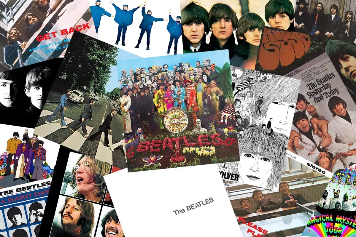 Kolaż okładek płyt The Beatles. Widać tu ikoniczne zdjęcia z Abbey Road, Sgt. Pepper's Lonely Hearts Club Band i inne, przypominające o niezapomnianych piosenkach zespołu.