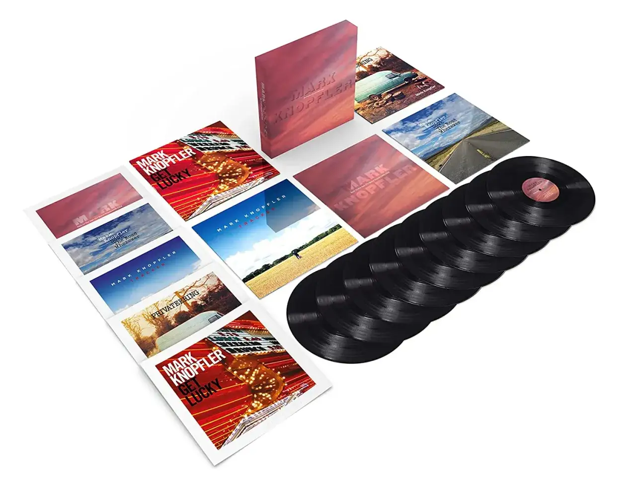 Kolekcja płyt winylowych Mark Knopfler albumy. W zestawie kilka okładek z tytułami albumów i stos czarnych płyt.