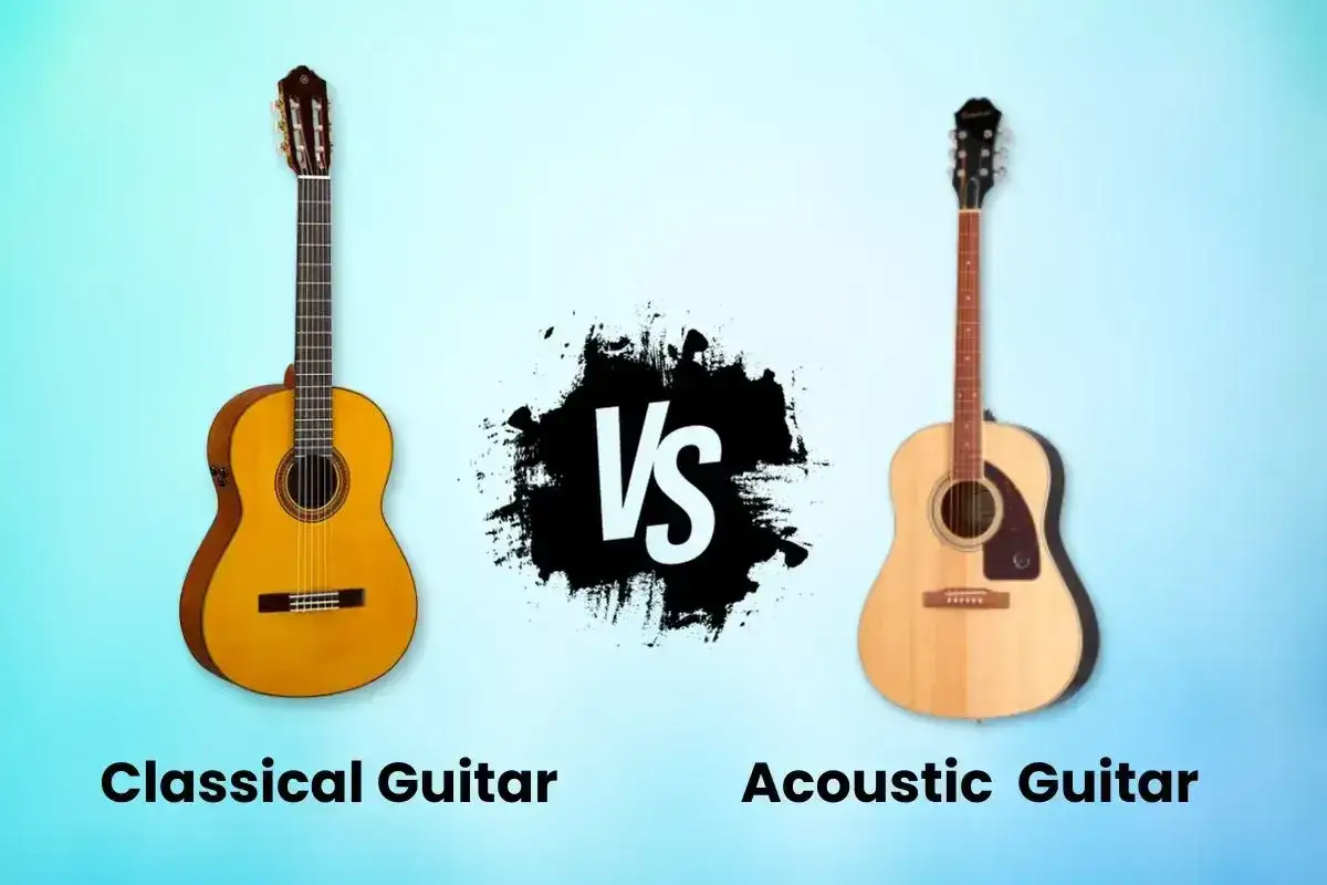 Porównanie: czym się różni gitara klasyczna od akustycznej. Obok siebie dwie gitary: klasyczna (po lewej) i akustyczna (po prawej).