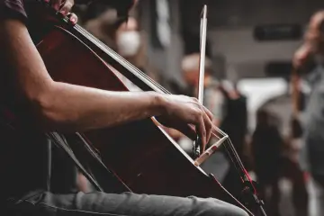 Dłoń muzyka grającego na wiolonczeli, dźwięki płyną jak w porach roku Vivaldiego, tworząc magiczną atmosferę.