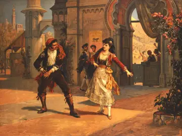 Scena z opery Carmen, której kompozytor stworzył niezapomniane melodie. Tancerka i torreador w barwnych strojach, w tle arena.